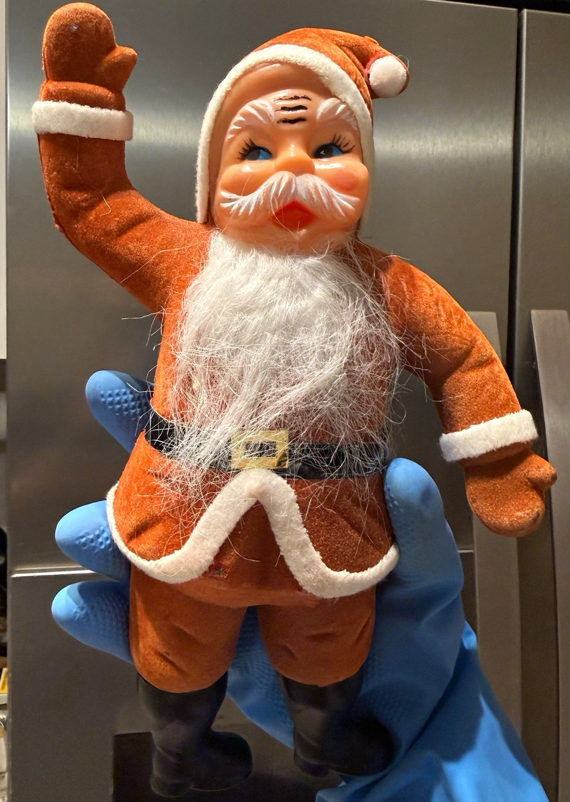 Vintage Santa Claus Plush Flocked Felt Fabric Doll Figurine w/ Boots, Christmas