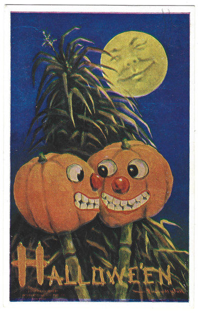 1909 Atq Bernhardt Wall Halloween Postcard Jack-o-Lanterns JOL Full Moon Posted