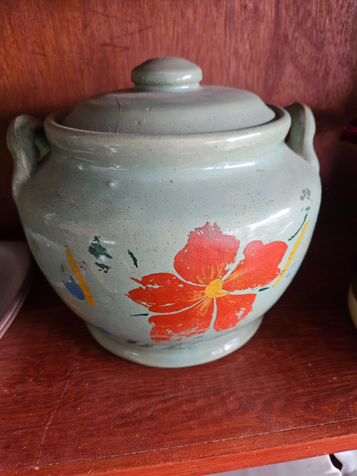 vintage celadon-glazed stoneware lidded pot