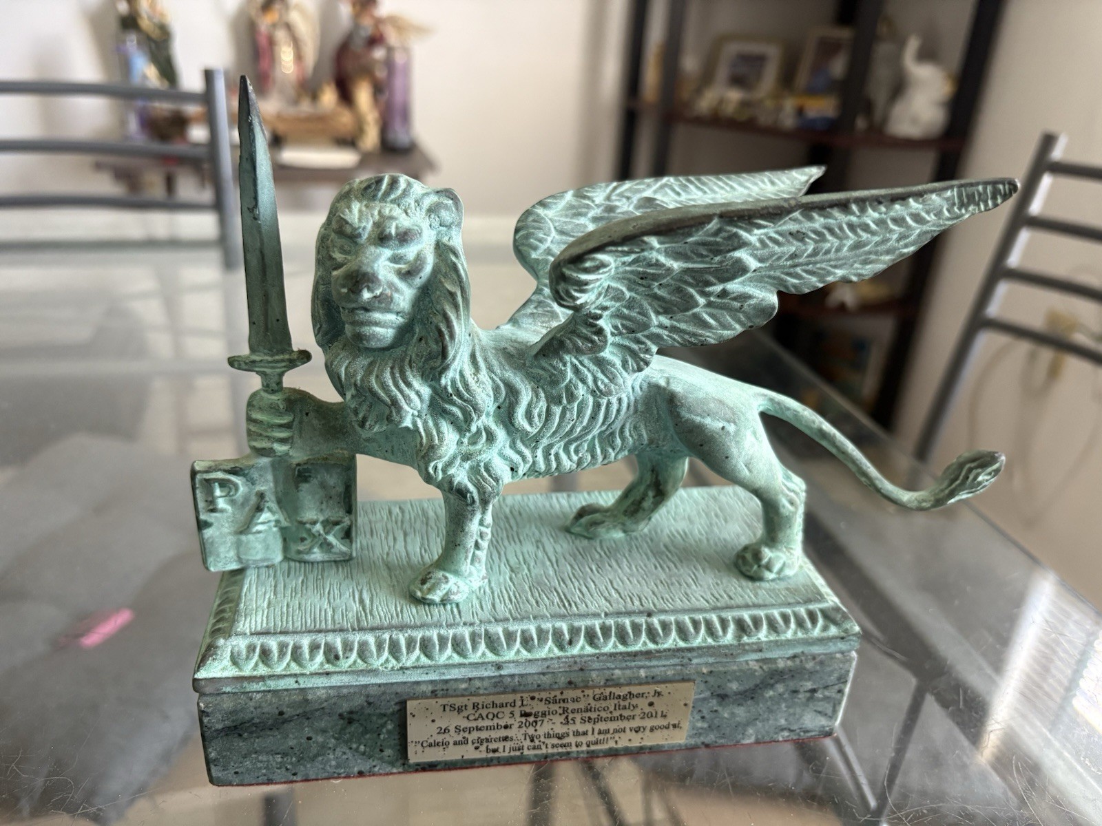 Vintage Italian Heavy Bronze Winged Lion St Mark Venice Statue Green Marble 6 lb