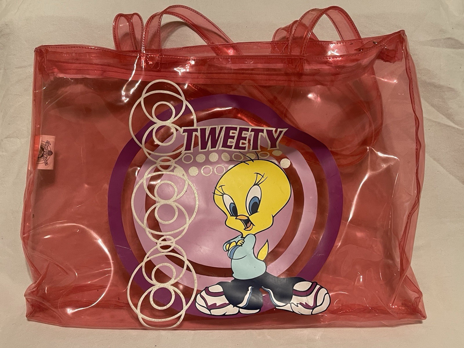 VTG 1999 Warner Bros Looney Tunes Tweety Bird Graphic Pink Clear Vinyl Handbag