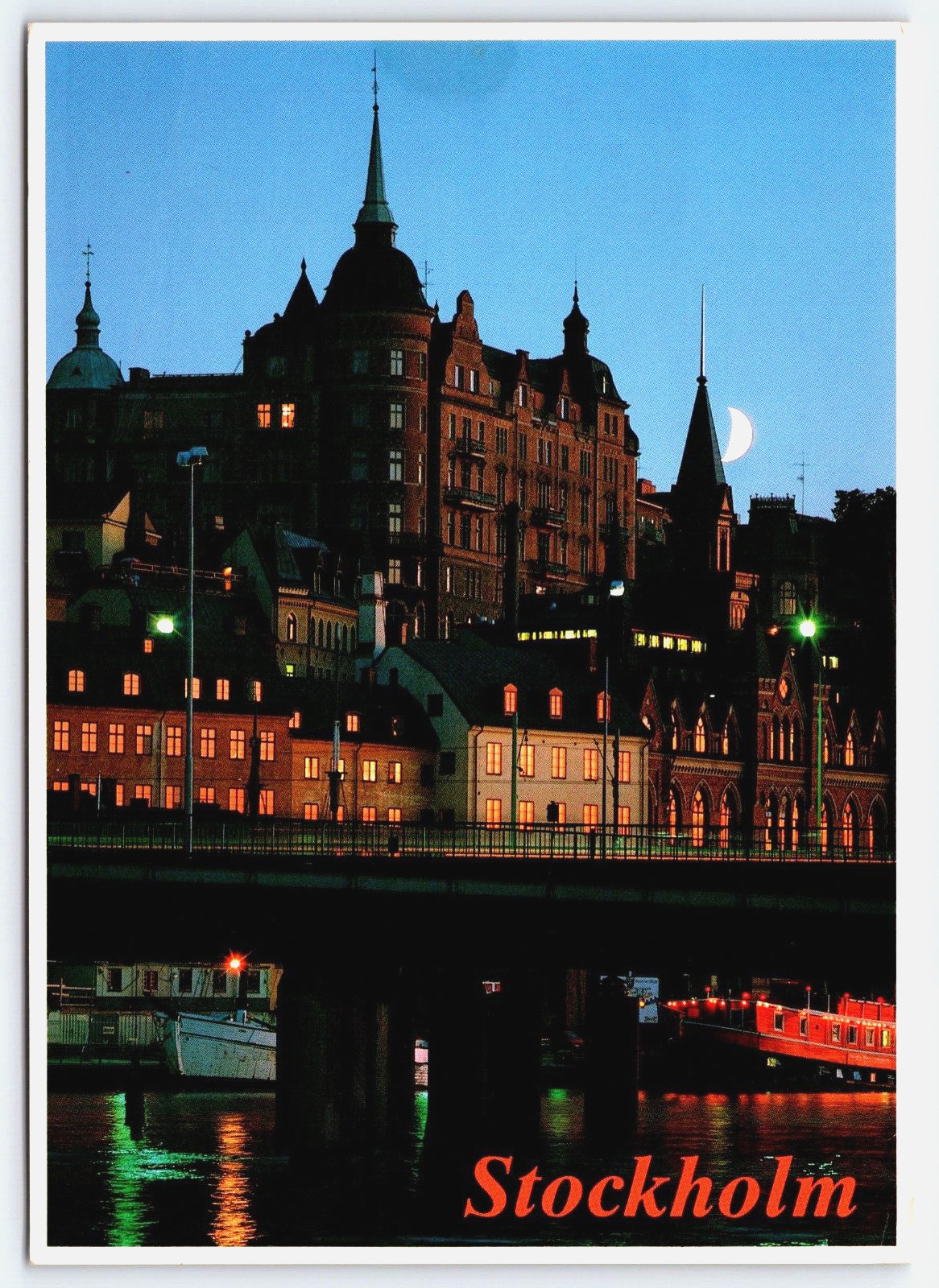 STOCKHOLM SWEDEN BUILDINGS BRIDGE BOAT RIVER MOON VINTAGE POSTCARD 1988
