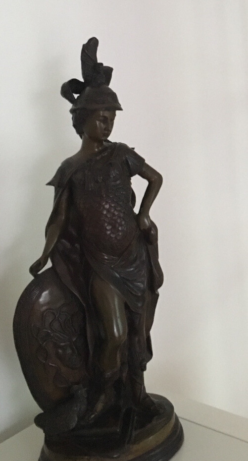 Athena Warrior Goddess Bronze Statue W/ Medusa Shield H 19”