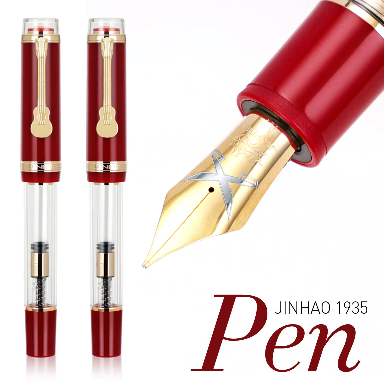 Jinhao 1935 Fountain Pen #8 F/M Nib with Guitar Clip Red Resin Writing Gift Pen
