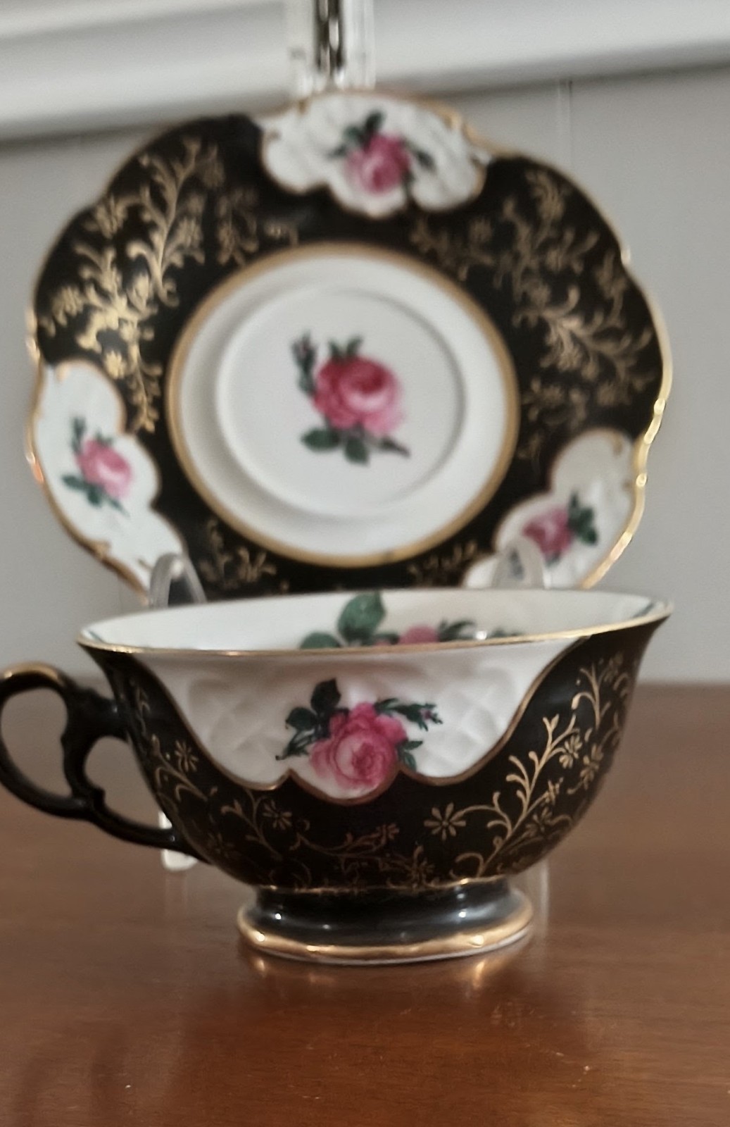 VTG Royal Heidelberg Germany Pink Rose Gold Filigree on Black Tea Cup & Saucer