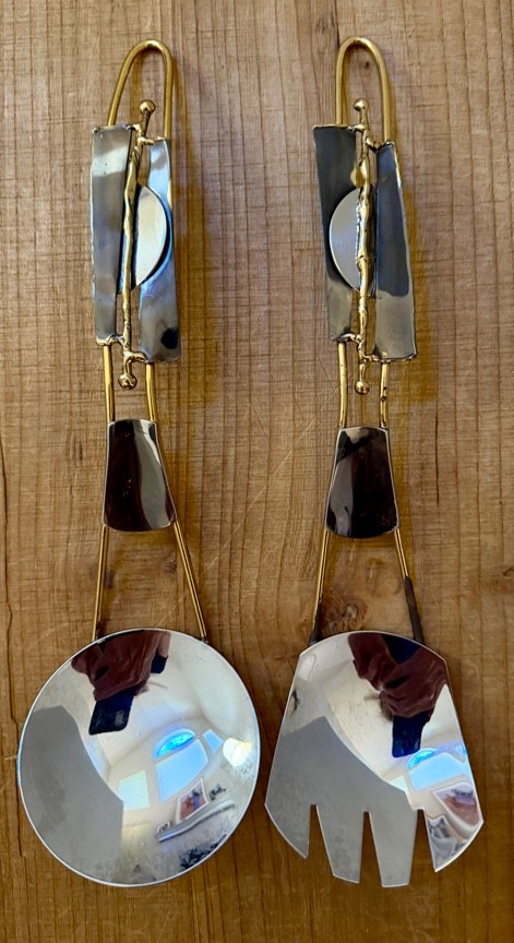 VTG South African Brutalist  1980's Modern Brass & Stainless Steel Salad Servers