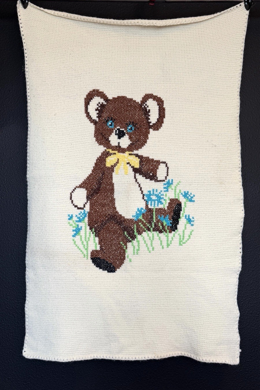 Vintage 1970s small ivory baby afghan embroidered teddy bear wool white blanket