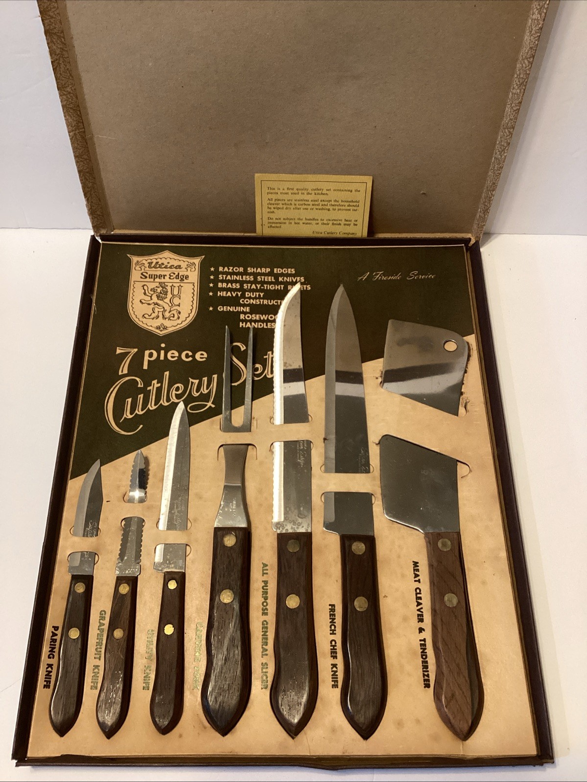VINTAGE UTICA  CARBON STEEL MEAT CLEAVER,  SUPER EDGE CUTLERY SET STAINLESS MCM
