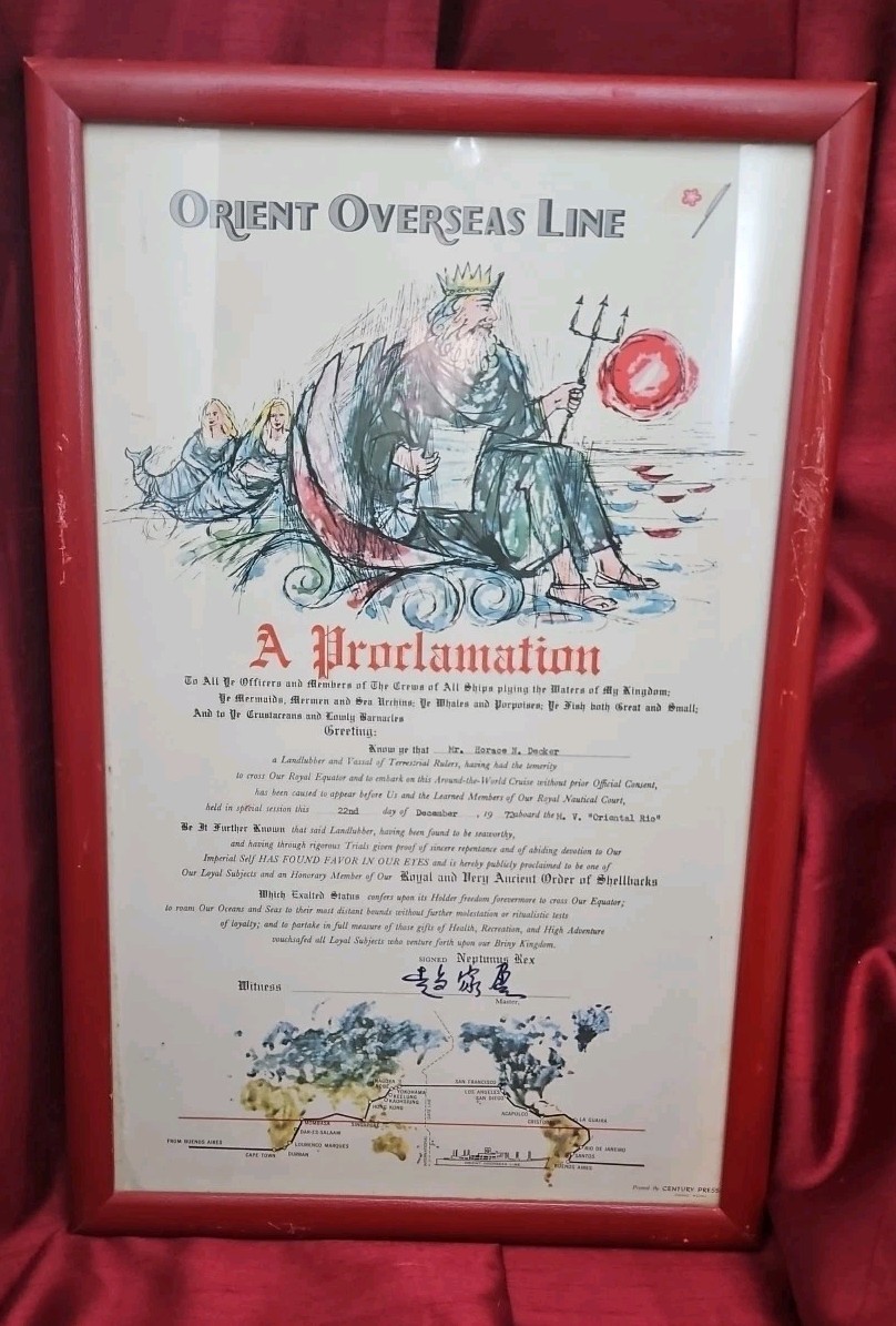 Vintage Orient Overseas Line “Shellback” Equator Crossing proclamation,dated 