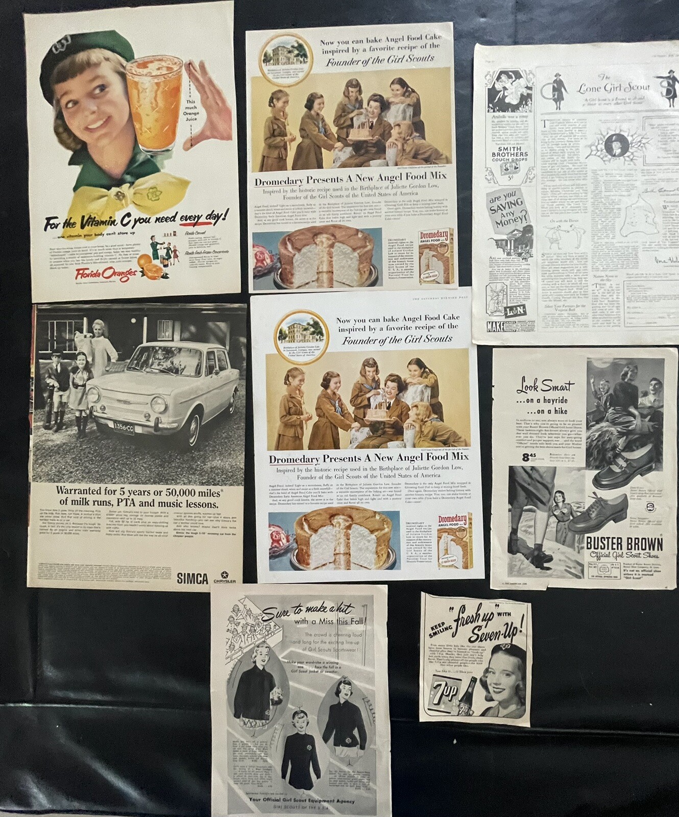 8 Vintage Girl Scout ADS-SIMCA-LONE GIRL SCOUT-DROMEDARY-OJ-BUSTER BROWN-7 UP