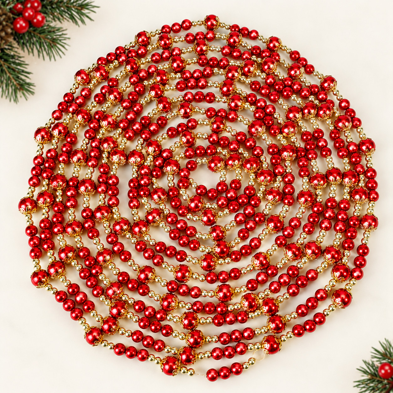 Vintage 1990s Red Gold Bead Christmas Garland 20 Ft Gold Filigree Mercury Style