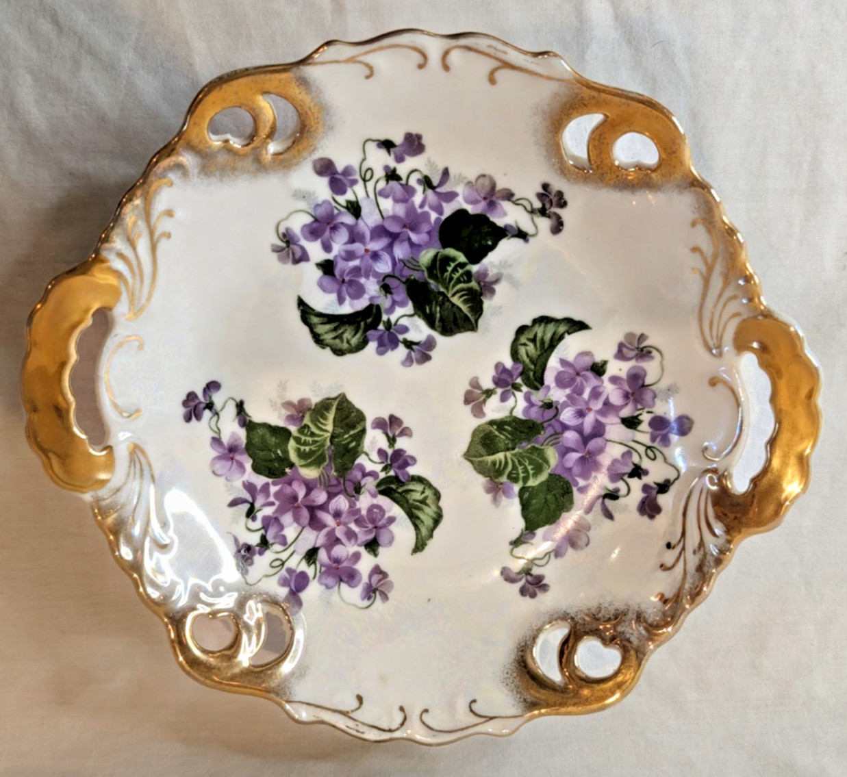 Vtg Norcrest Sweet Violet Dish - Purple White Gold Trim