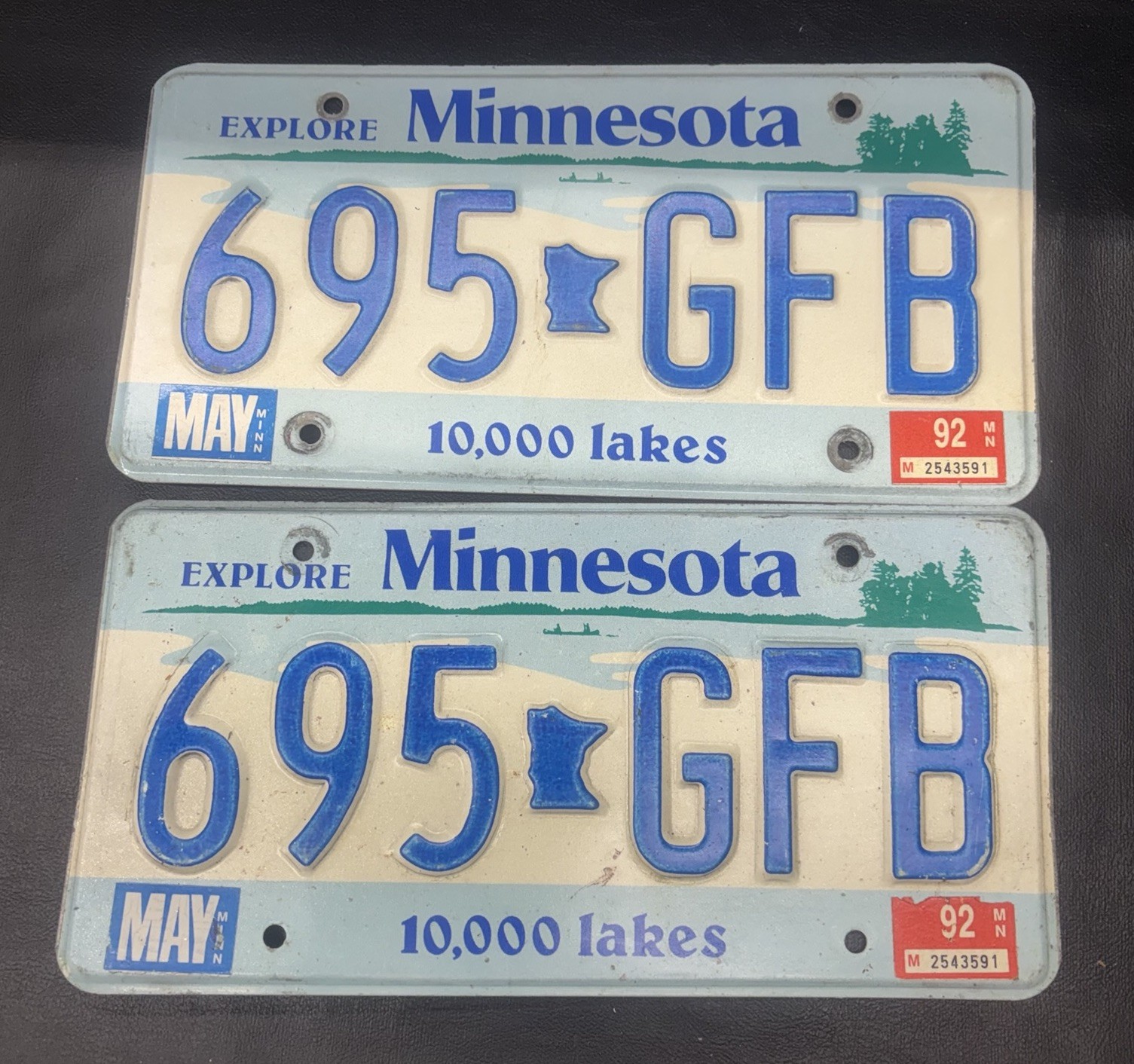 Vintage 1992 Minnesota License Plate Pair 695-GFB Matching Set Tags Vintage 1992 Minnesota License Plate Pair 695-GFB Matching Set Tags