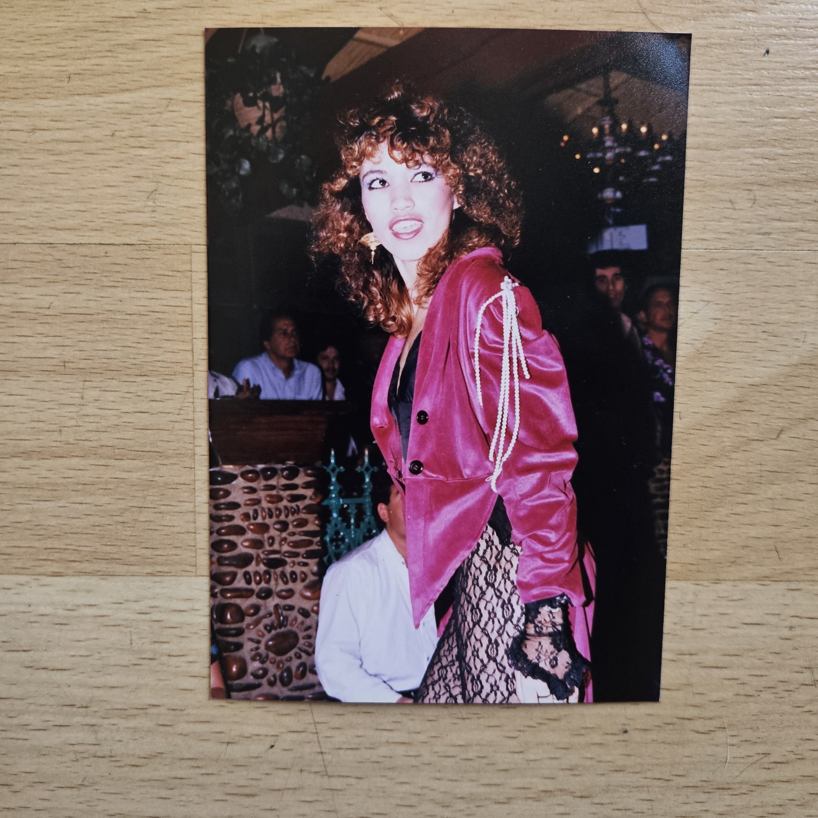 VINTAGE 1980\'S PRETTY AMERICAN WOMAN IN LACE LEGGINGS WITH BIG CURLY HAIR PHOTO