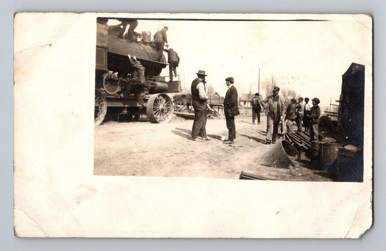 Men Working on Large Steam Engine Farm Tractor South Dakota Postcard RPPC c1915