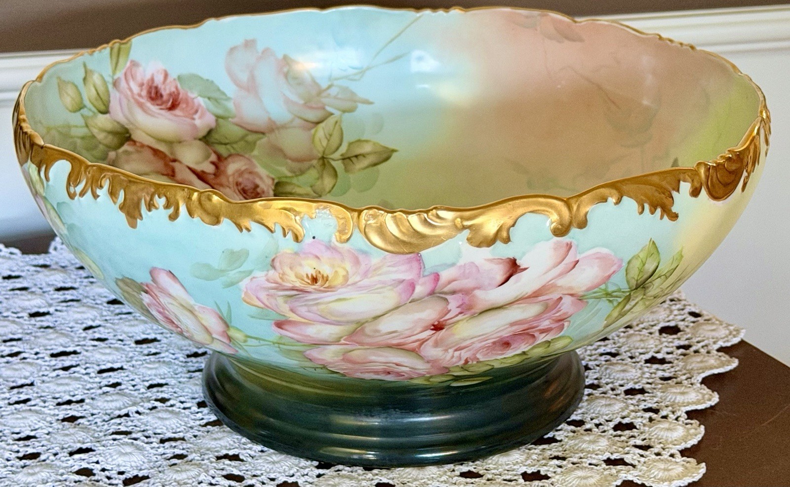 XL Antique Limoges France Hand Painted Pink Drop Rose Punch Centerpiece Bowl