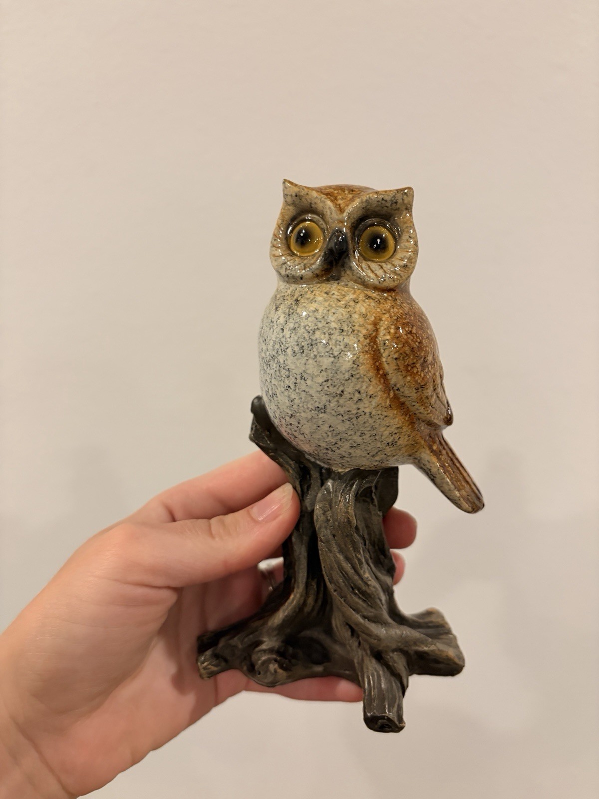 Vintage Ceramic Owl Figurine Perched Tree Stump Branch Glazed Pottery 6\