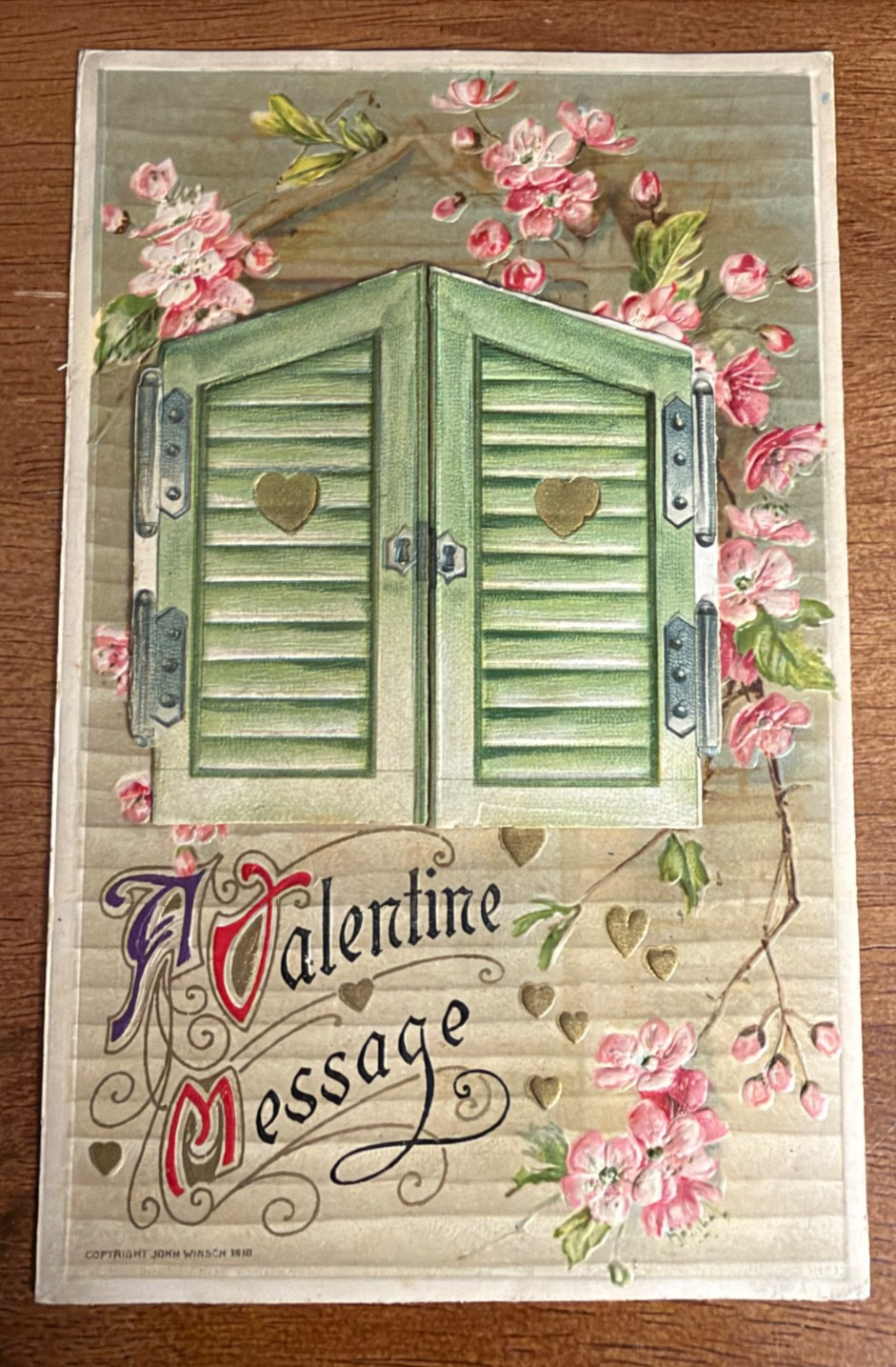 Valentine Foldout Postcard Shutters Pretty Girls  Embossed by Winsch c 1910  Z12