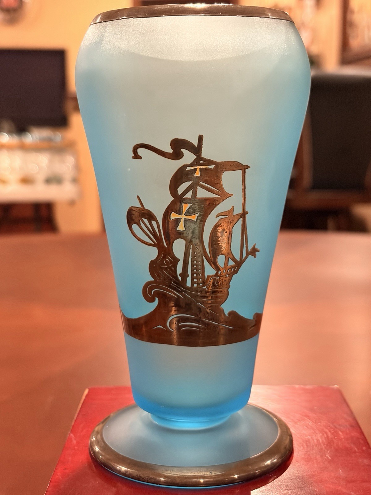 Vtg Tiffin Blue Satin Glass Dahlia Vase Rockwell Sterling Silver Sailing Ship 6”