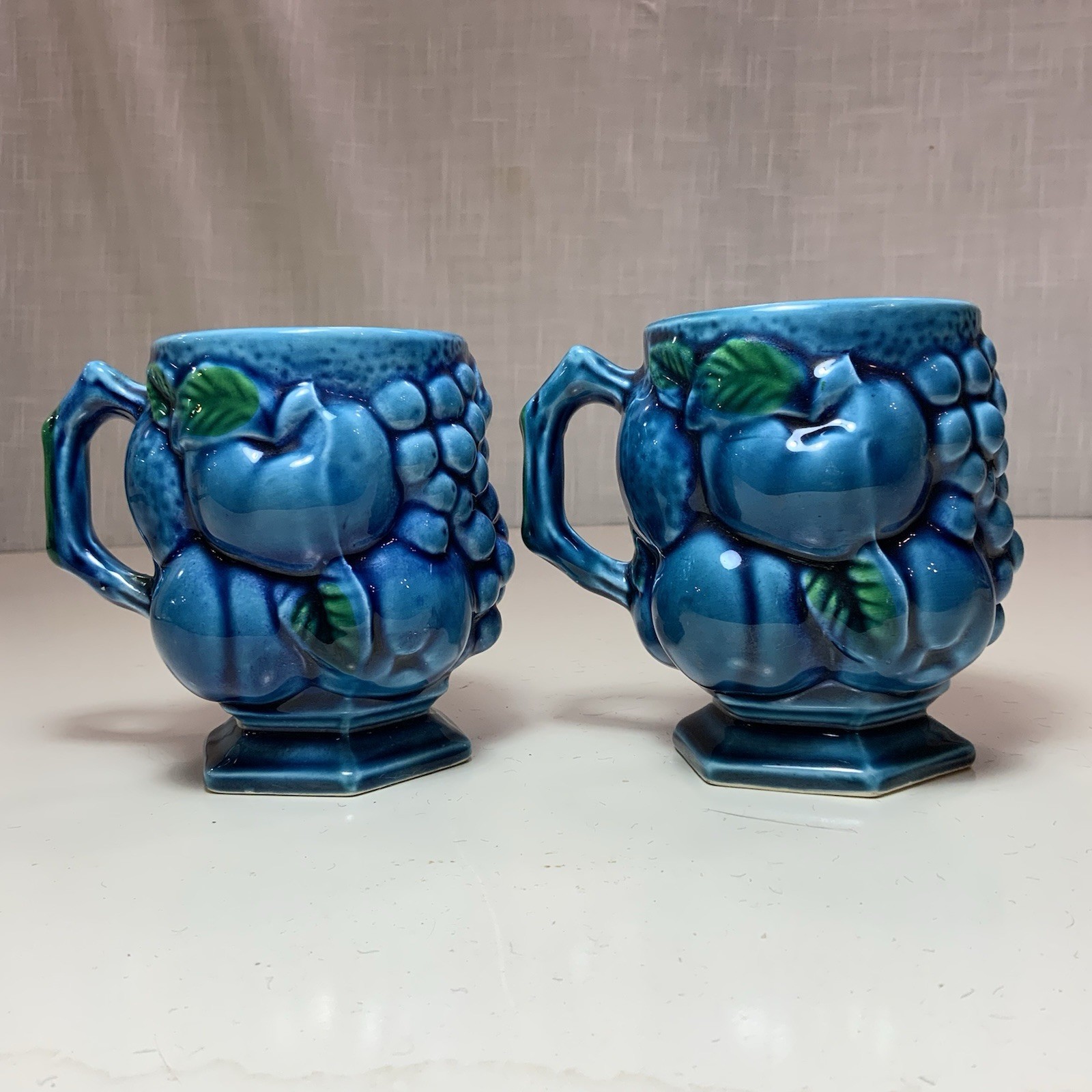Vintage Inarco Mood Indigo Blue Mug Set/2 Ceramic Cups Fruit Design 1970’s Japan