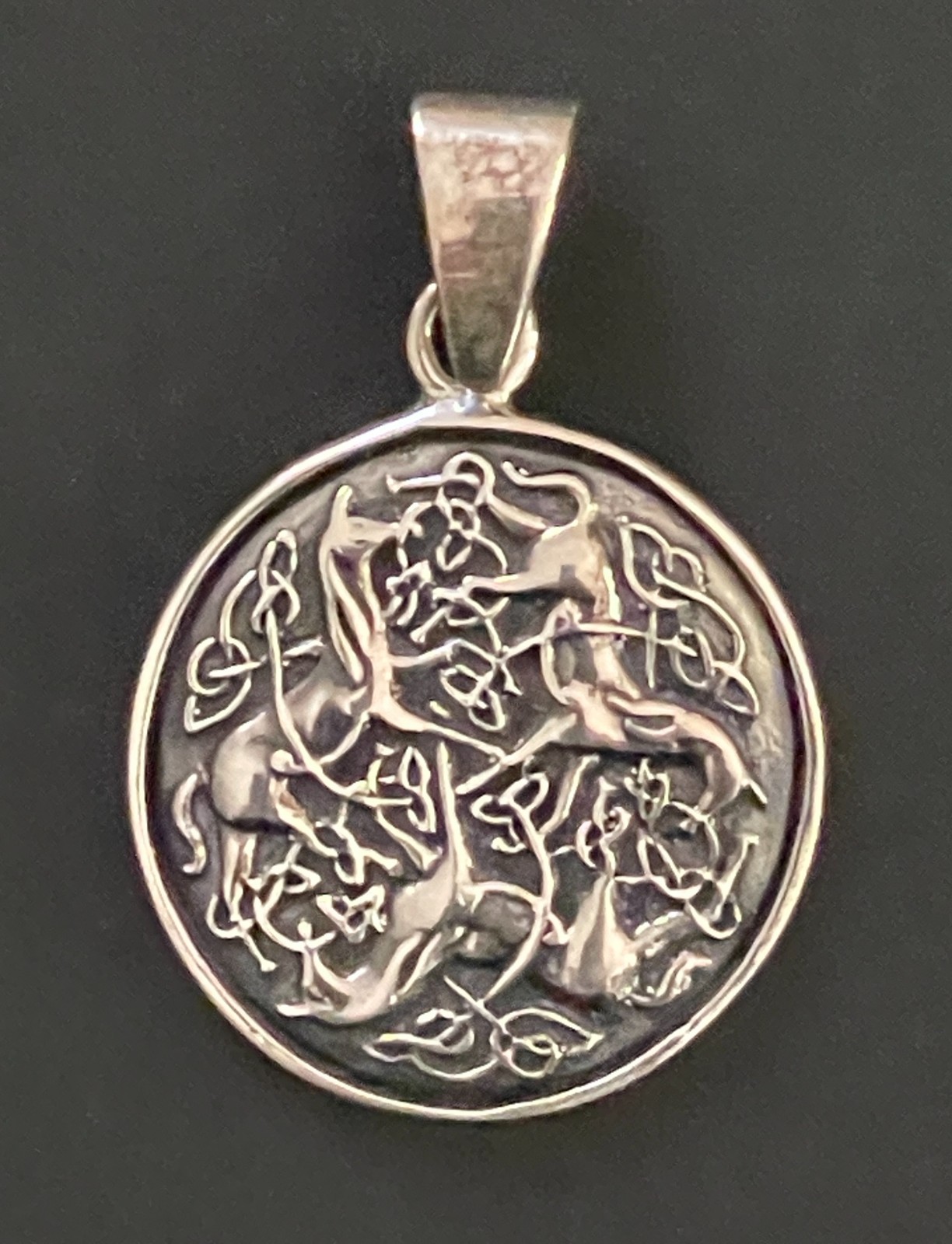 STERLING SILVER Epona Horse with Celtic Knots Coin Pendant .925 Equine