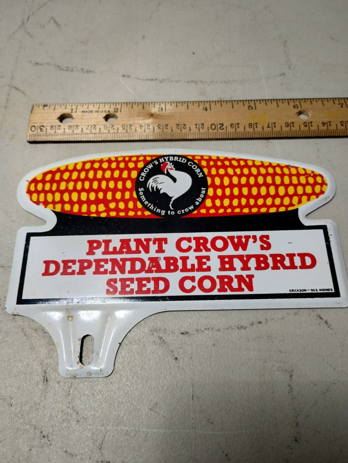 Vintage 1950's Crow's Seed Corn License Plate Topper Metal Farm Sign