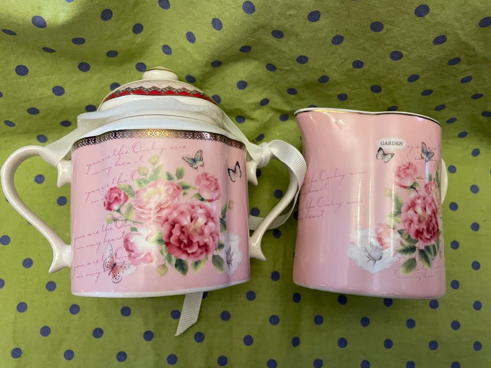 PULCHRITUDIE Pink Floral Creamer and Lidded Handled Sugar Bowl - New w/tags