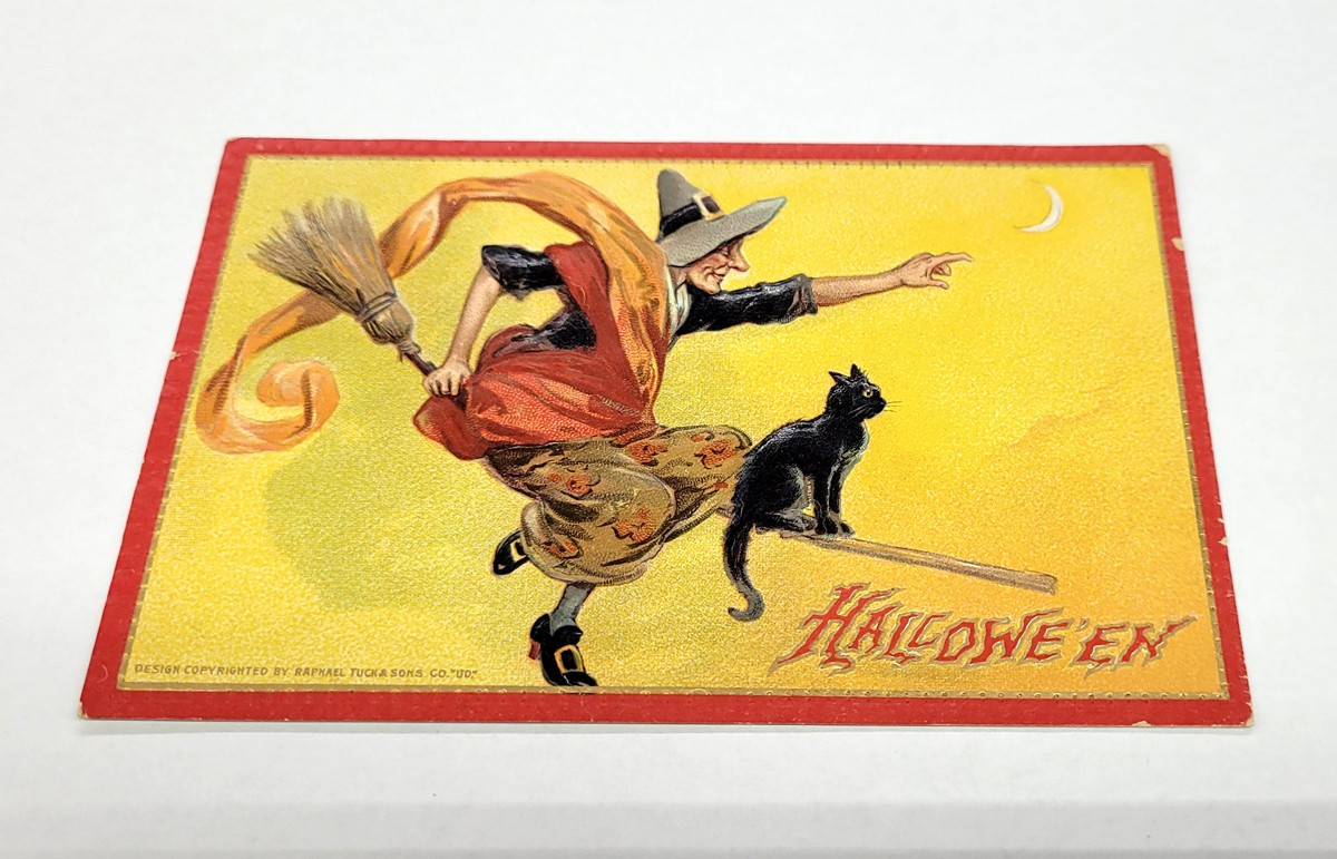 Atq Tuck\'s 174 Halloween Postcard Red Witch Black Cat Riding Broom Posted