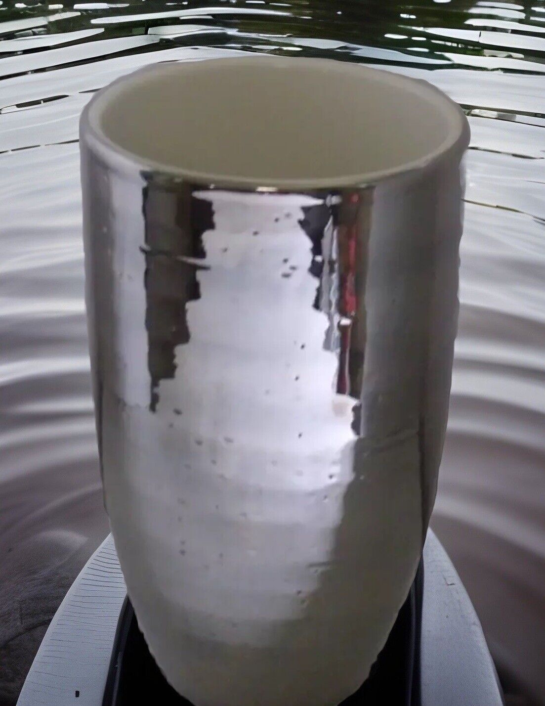 Bitossi Vase MCM Silver Chrome Metallic White Signed Rippled Pitted Look Fancy