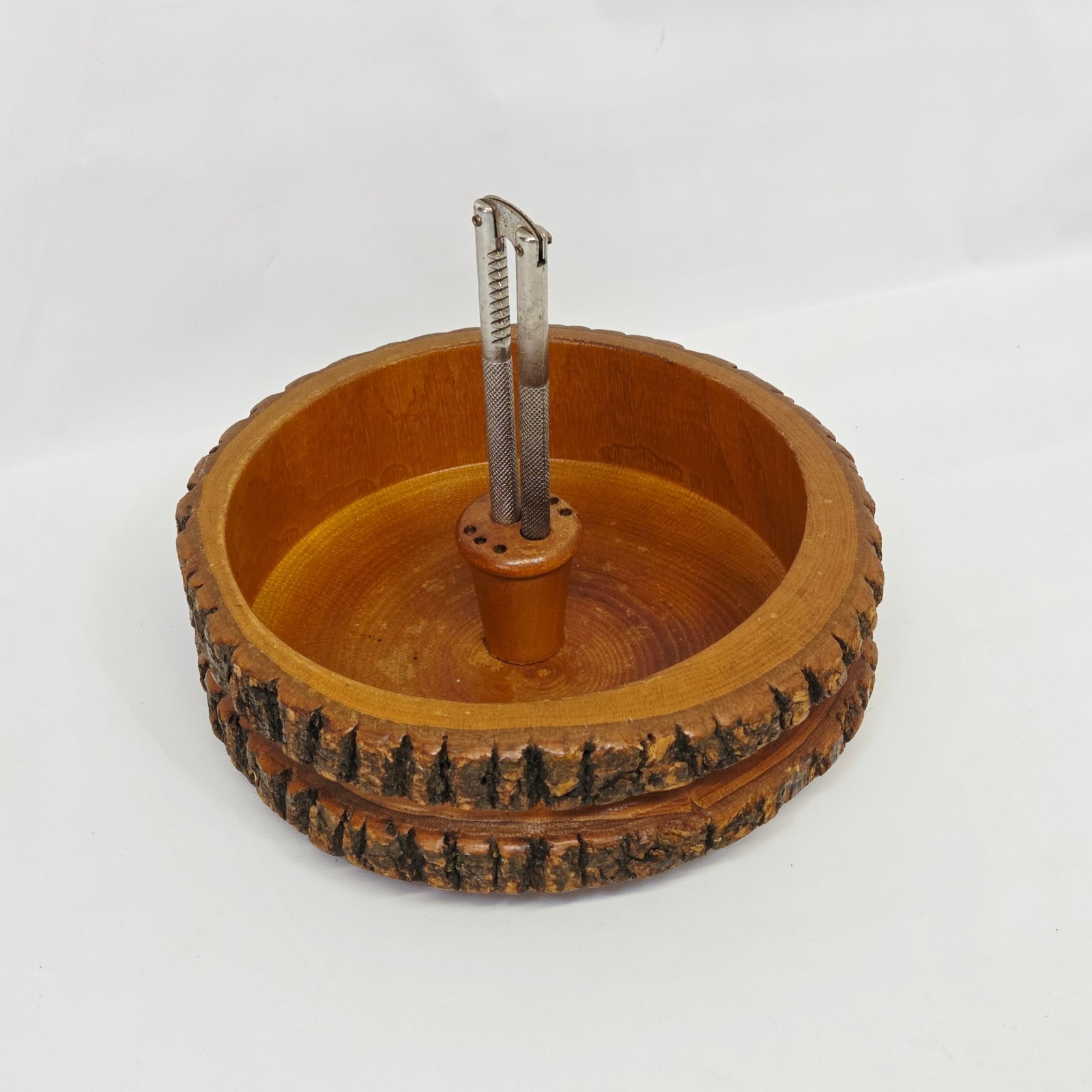 Vintage Hand Turned Wood Nut Bowl Nutcracker Rustic Bark Edge MCM Decor Dish