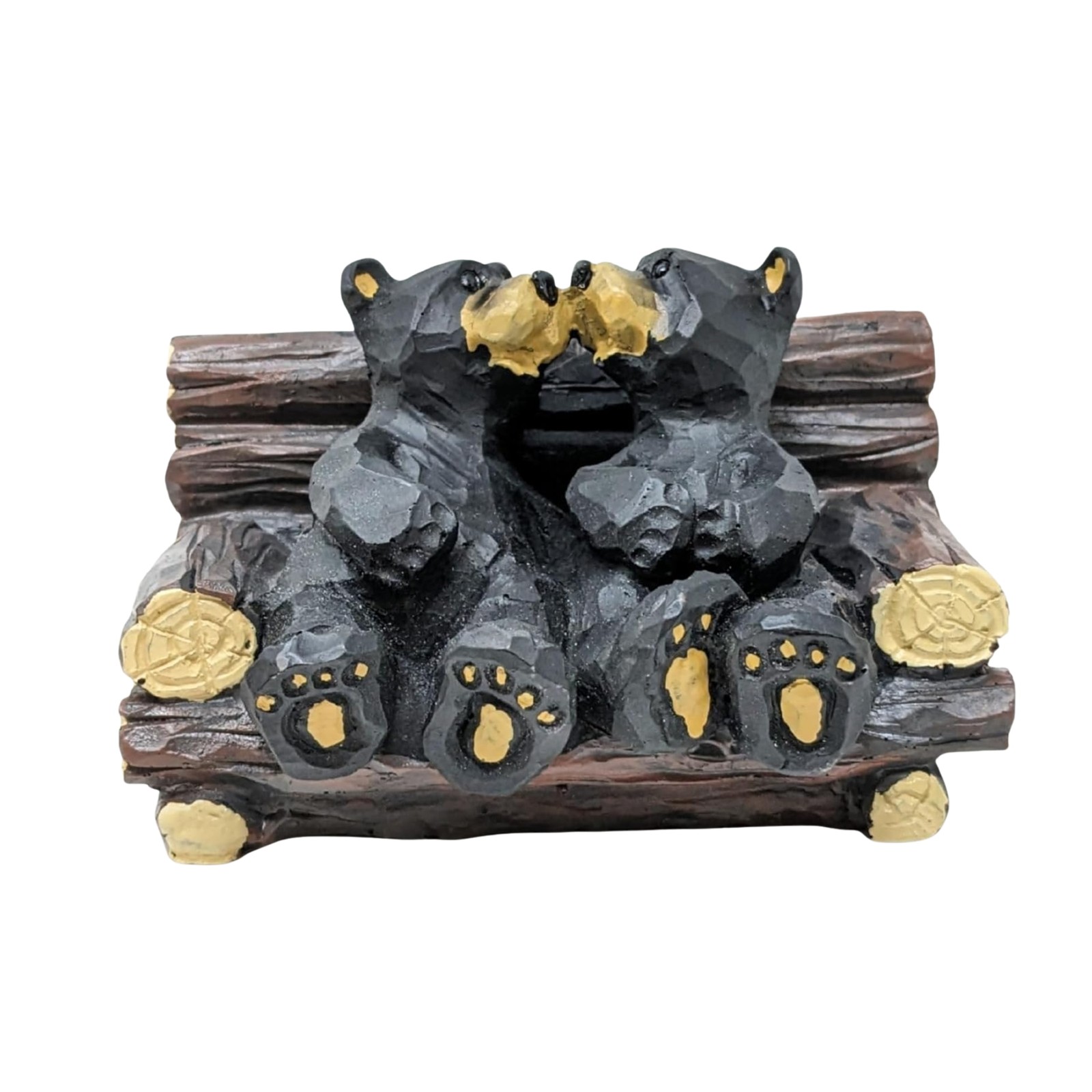 Kissing Bears in Log Chair Figurine ?  Resin Black Bear Couple Statue for Cabin