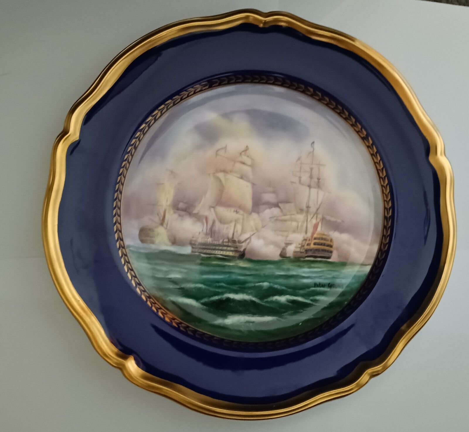 Hand Painted \'Galleons at Sea\' Plate - Peter Graves: ex Moorcoft Enamels artist
