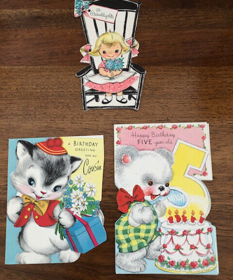 Vintage 1950s Child’s Birthday 3 Cards, Granddaughter, Cousin, Five Year Old.