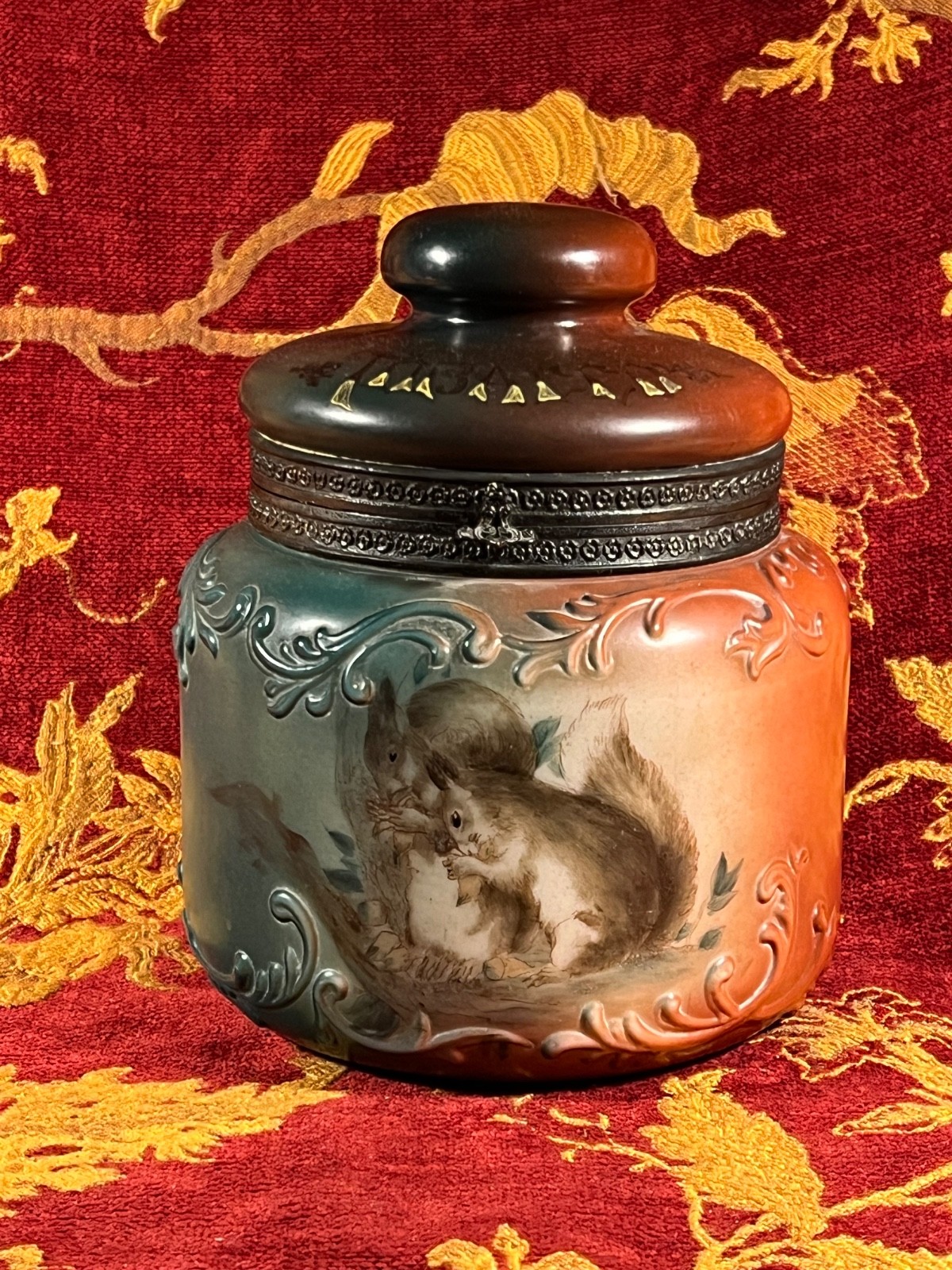 Antique Handel Ware Glass Tobacco Jar w/  Hand Painted Squirrels  201/274  As Is