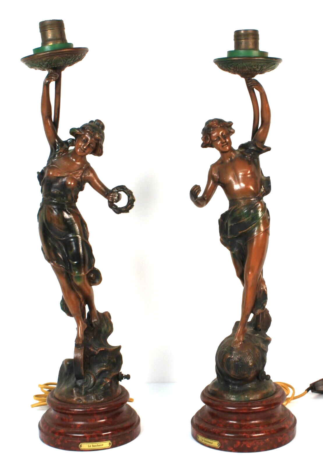 Pair Of Art Nouveau French Spelter Le Bonheur Table Lamps Made In France