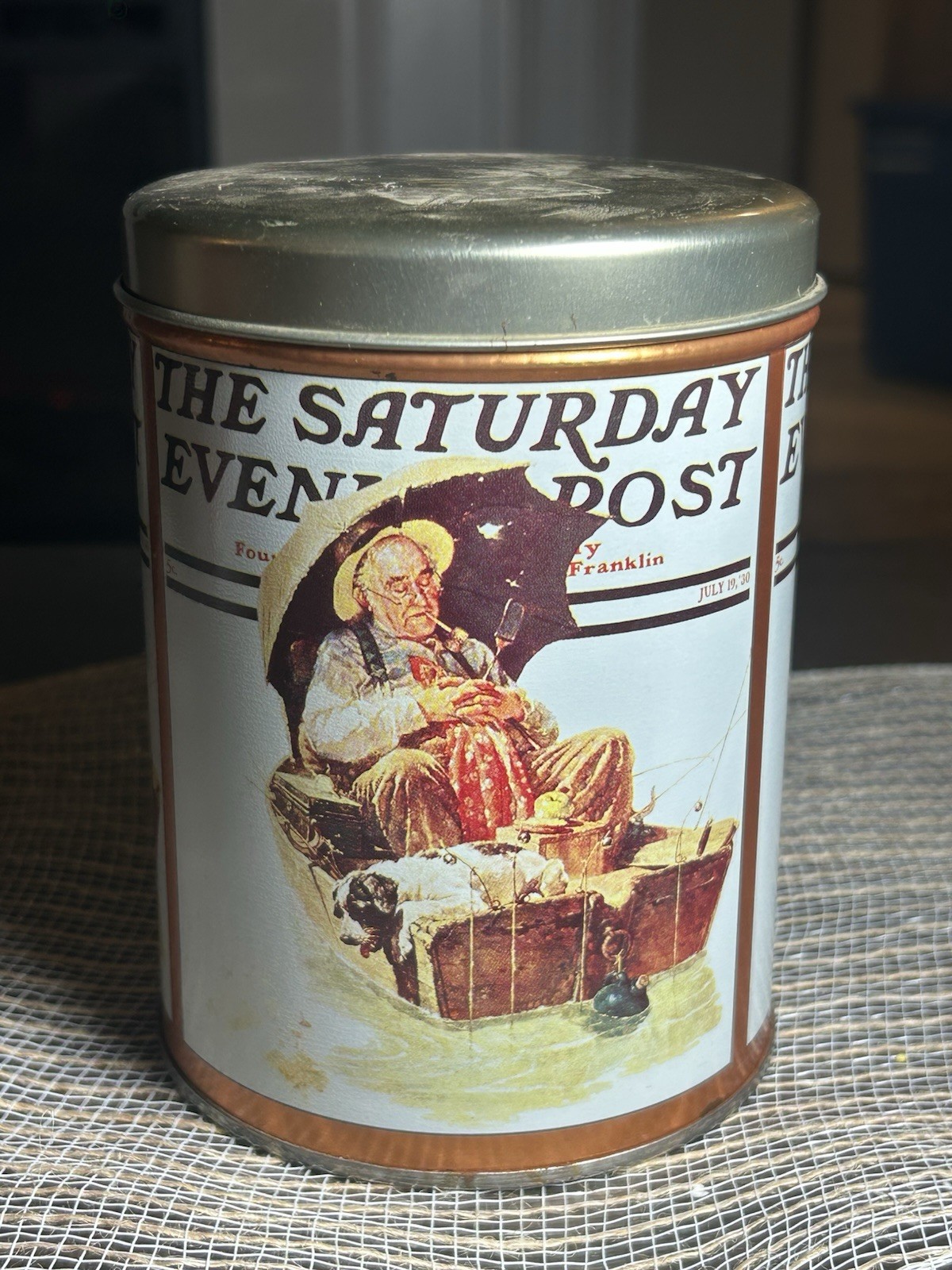 Vintage Norman Rockwell Gone Fishing Tin Canister Saturday Evening Post 6” USA