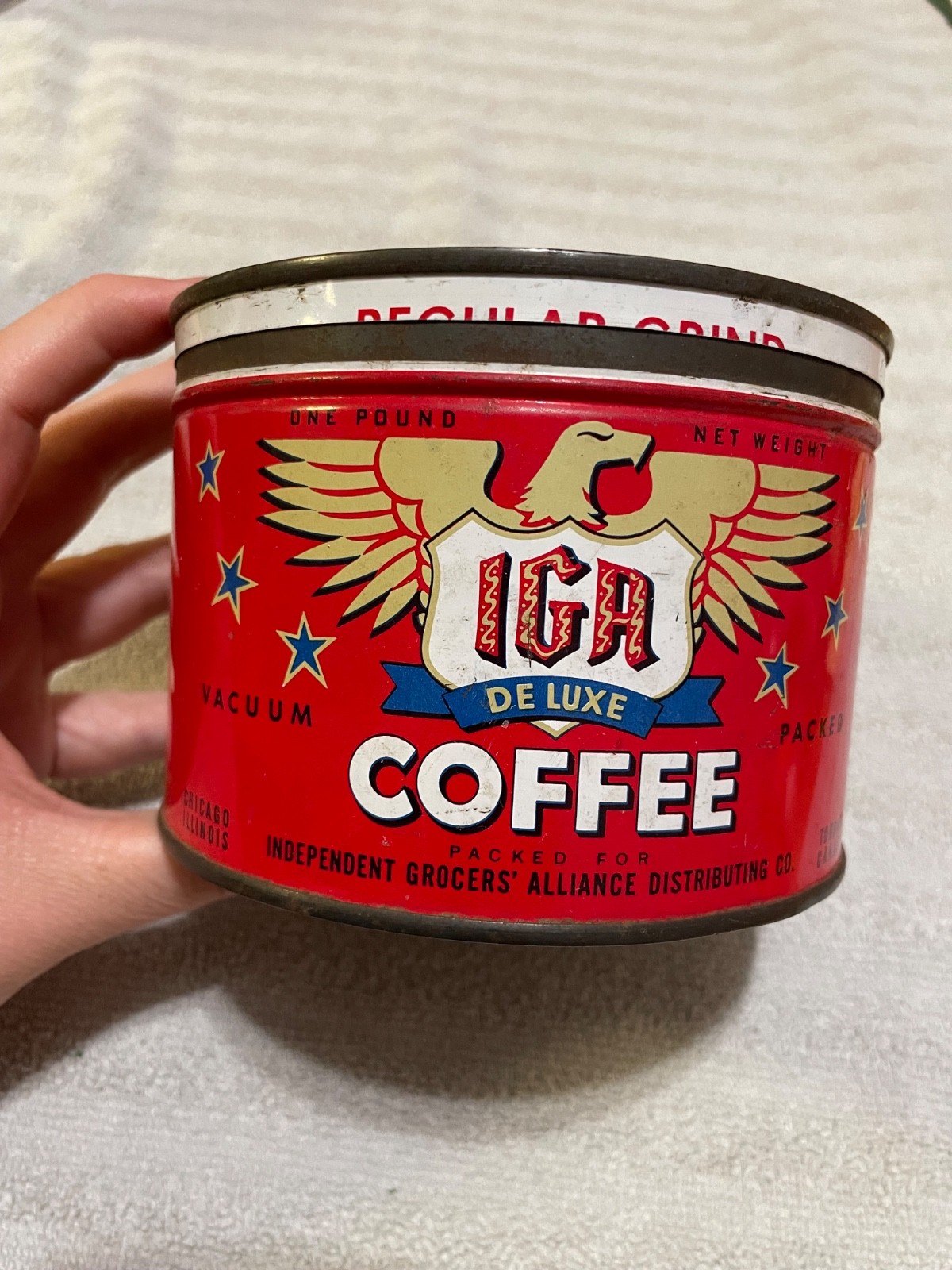 Vintage IGA with Gold Eagle Coffee Can One Pound Toronto and Chicago As IS