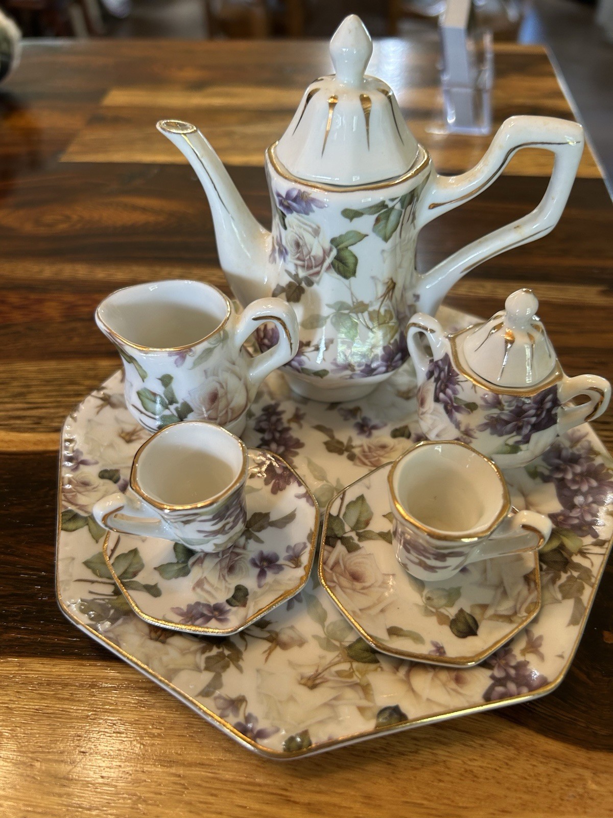 Mini Porcelain Floral Tea Set, Teapot, Octagonal Tray, Sugar, Creamer, 3 Cups Mini Porcelain Floral Tea Set, Teapot, Octagonal Tray, Sugar, Creamer, 3 Cups