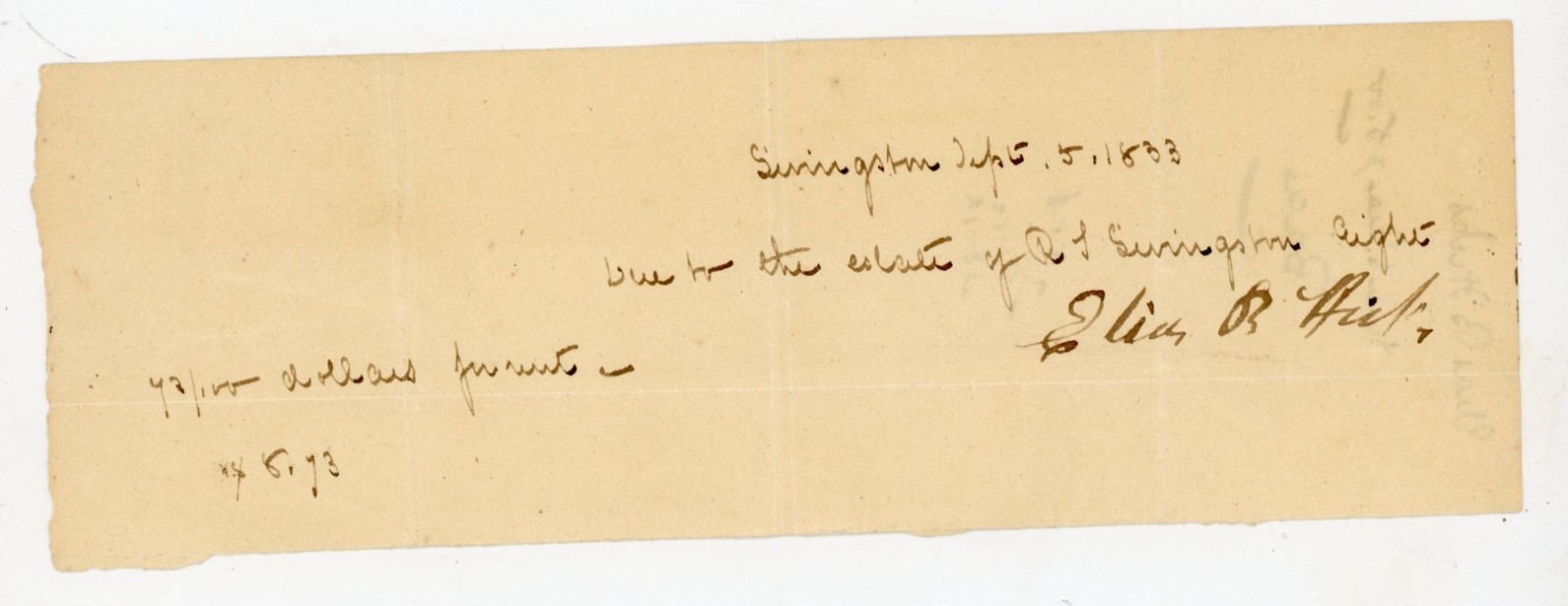 1833 Antique Handwritten Receipt Simington Estate Elias B. Hicks Signed Document