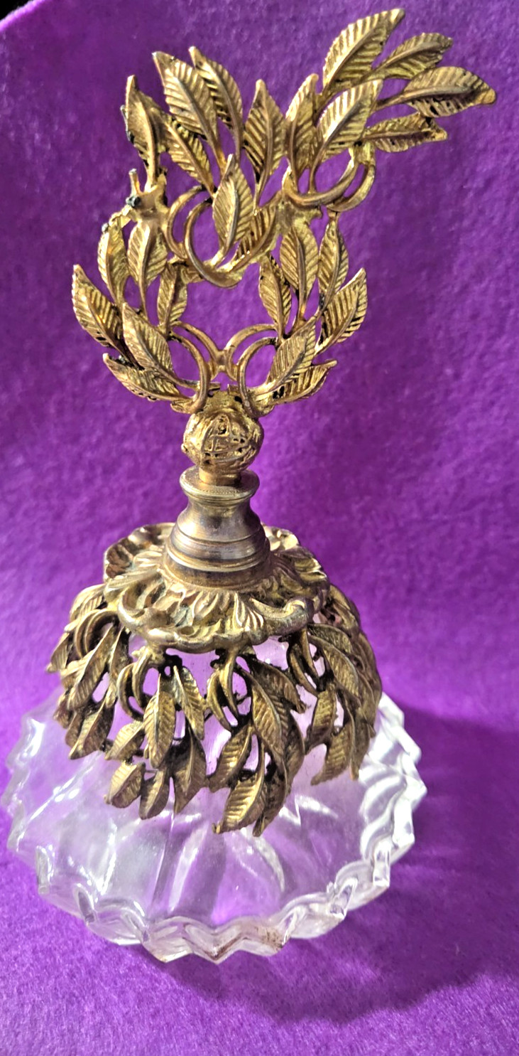 VTG Matson 24K Gold Plated Ormolu Crystal Perfume Bottle Rose Filigree Dauber