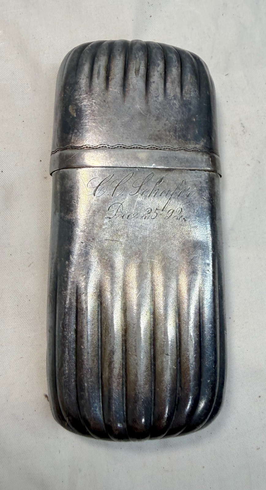 antique 19th century silver-plate ribbed 2 piece cigarette cigar vesta case box