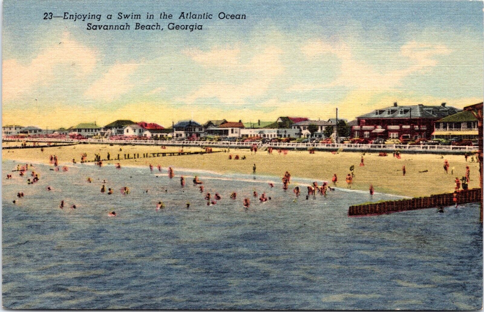 Swimmers in Atlantic Ocean, Savannah Beach, Georgia - 1952 Linen Postcard