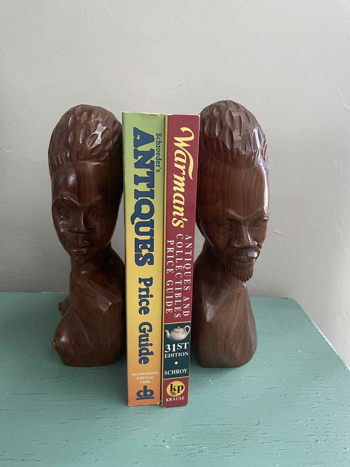 Big Rare Art Hand Carved African Ebony Solid Wood Man Women Figurine Bookend