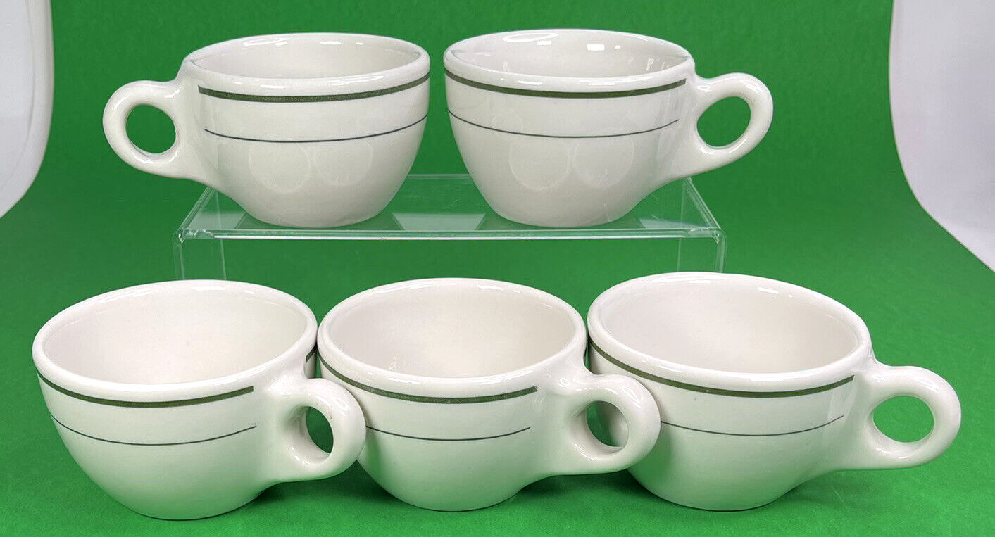Vintage Buffalo China Coffee Cups Mugs Green Stripe Restaurant Ware Set of 5 USA