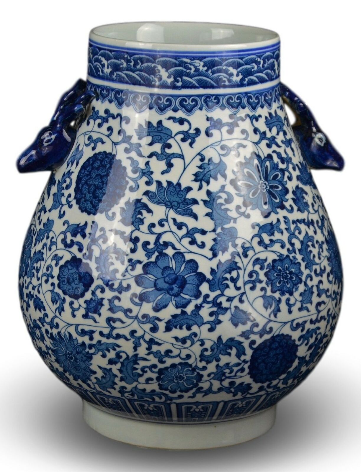 Festcool Classic Blue and White Floral Porcelain Vase, Double Deer Head Handl...
