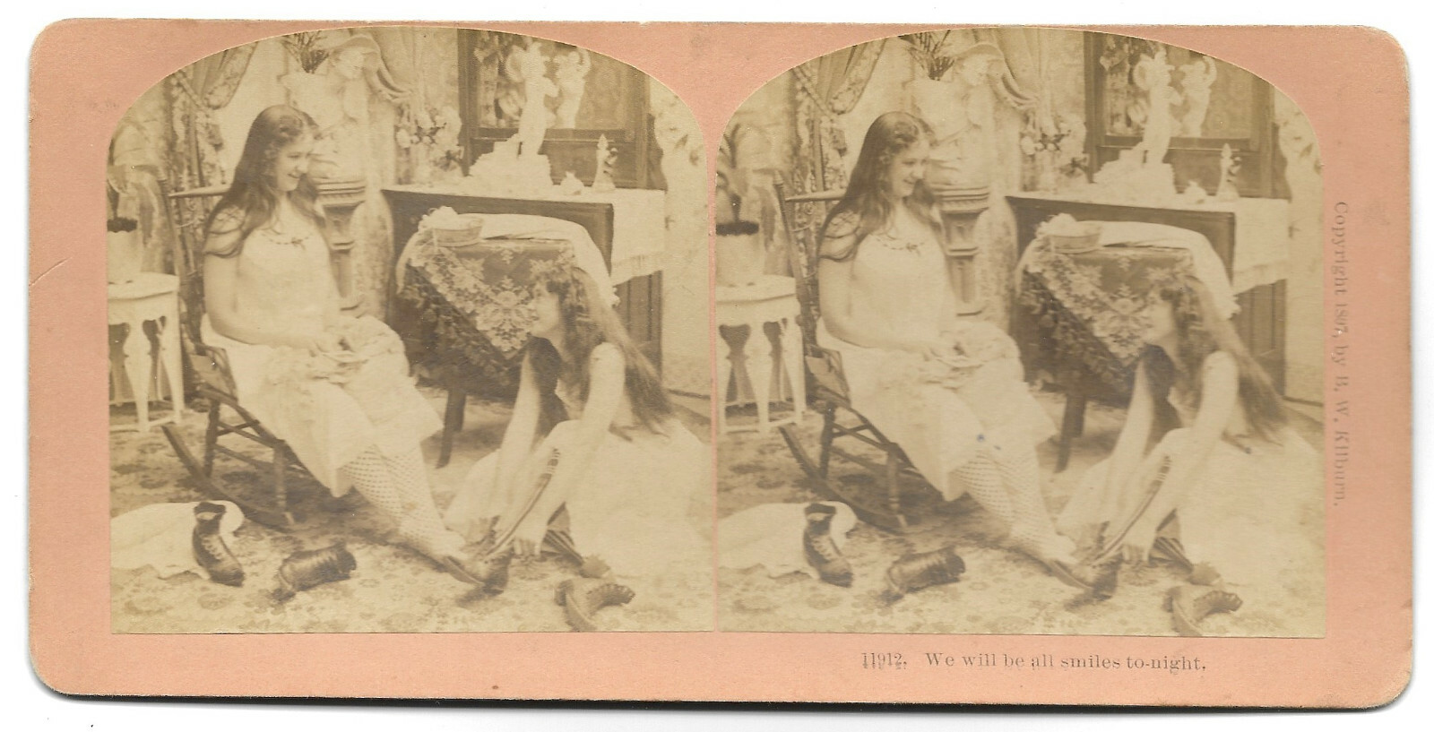 ANTIQUE B.W. Kilburn 1897 We will be all smiles to-night Stereo view Photo 11912