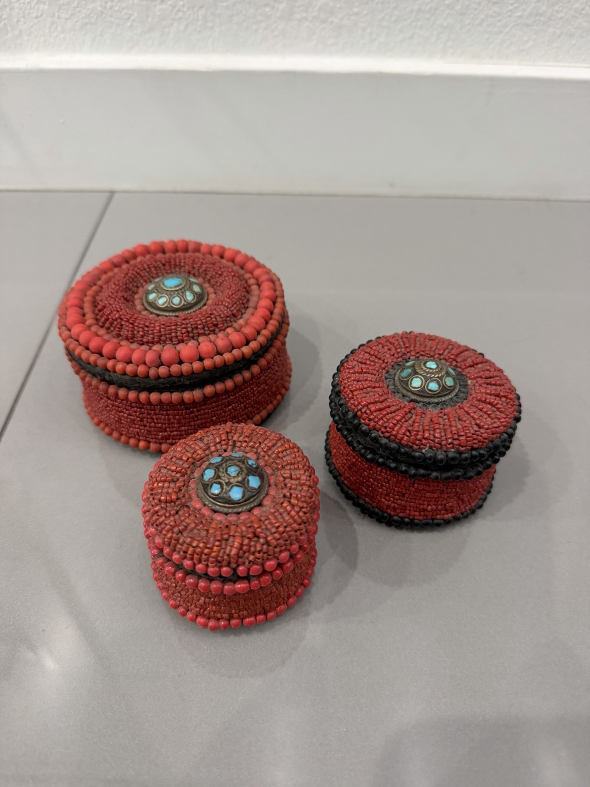 Tibetan hand beaded jewelry Trinket boxes Lot Of 3