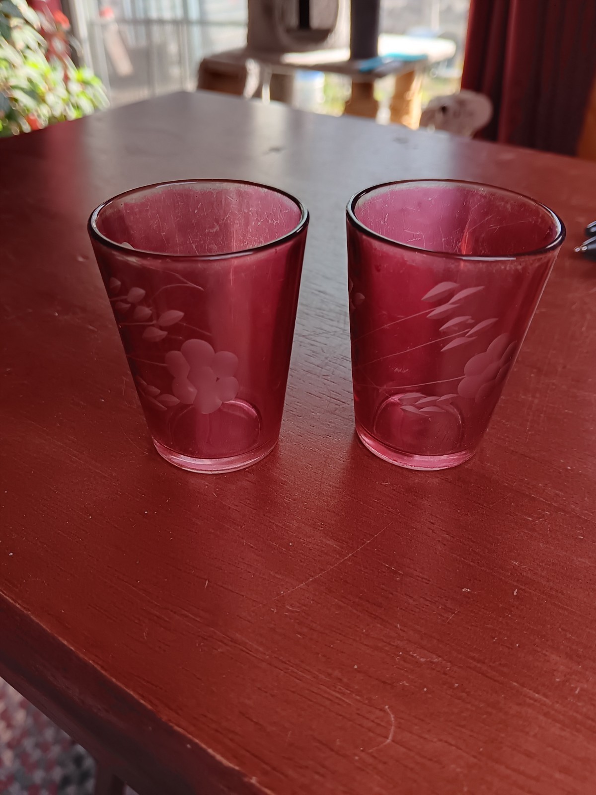 Pair OfVtg etched cranberry glass 2.5\ Pair OfVtg etched cranberry glass 2.5\