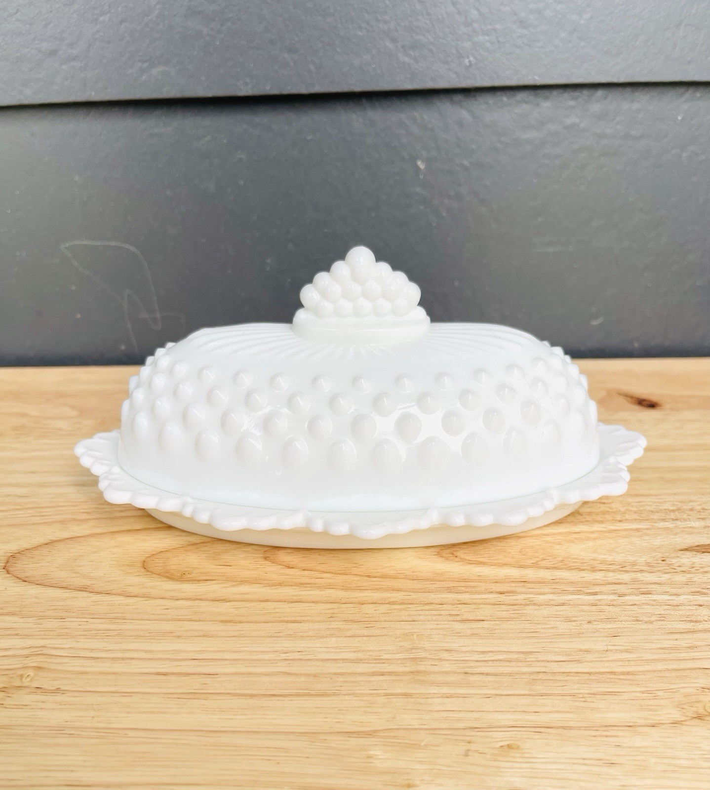 Vintage Fenton White Milk Glass Hobnail Oval Covered Butter Dish Retro Kitchen