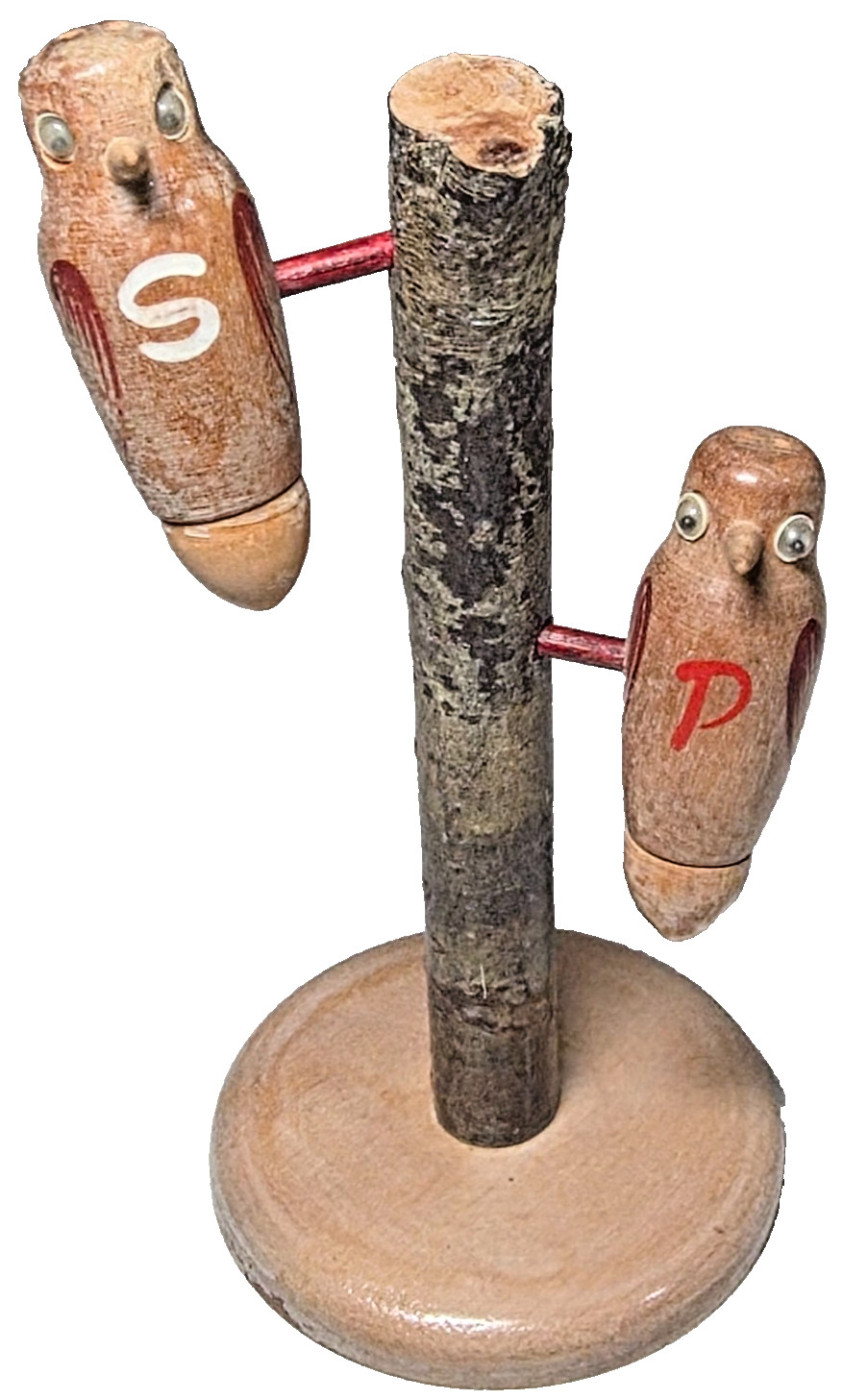 Vtg Rare Wooden Googly-Eyed Birds Perched Rustic Branch Salt Pepper Shakers Set